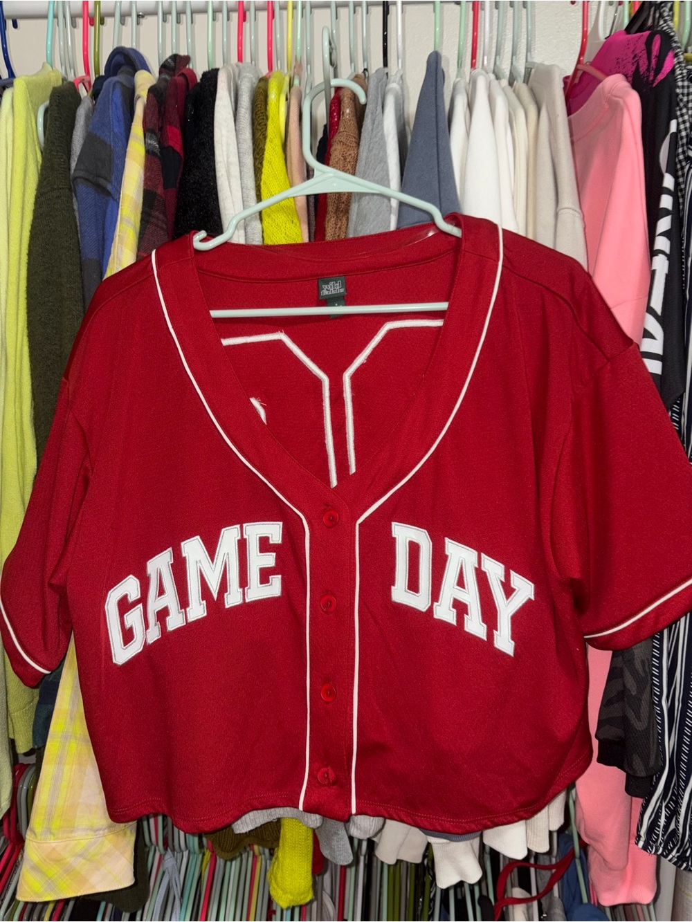 wild fable Red Cropped Button-Front Jersey with White Trim
